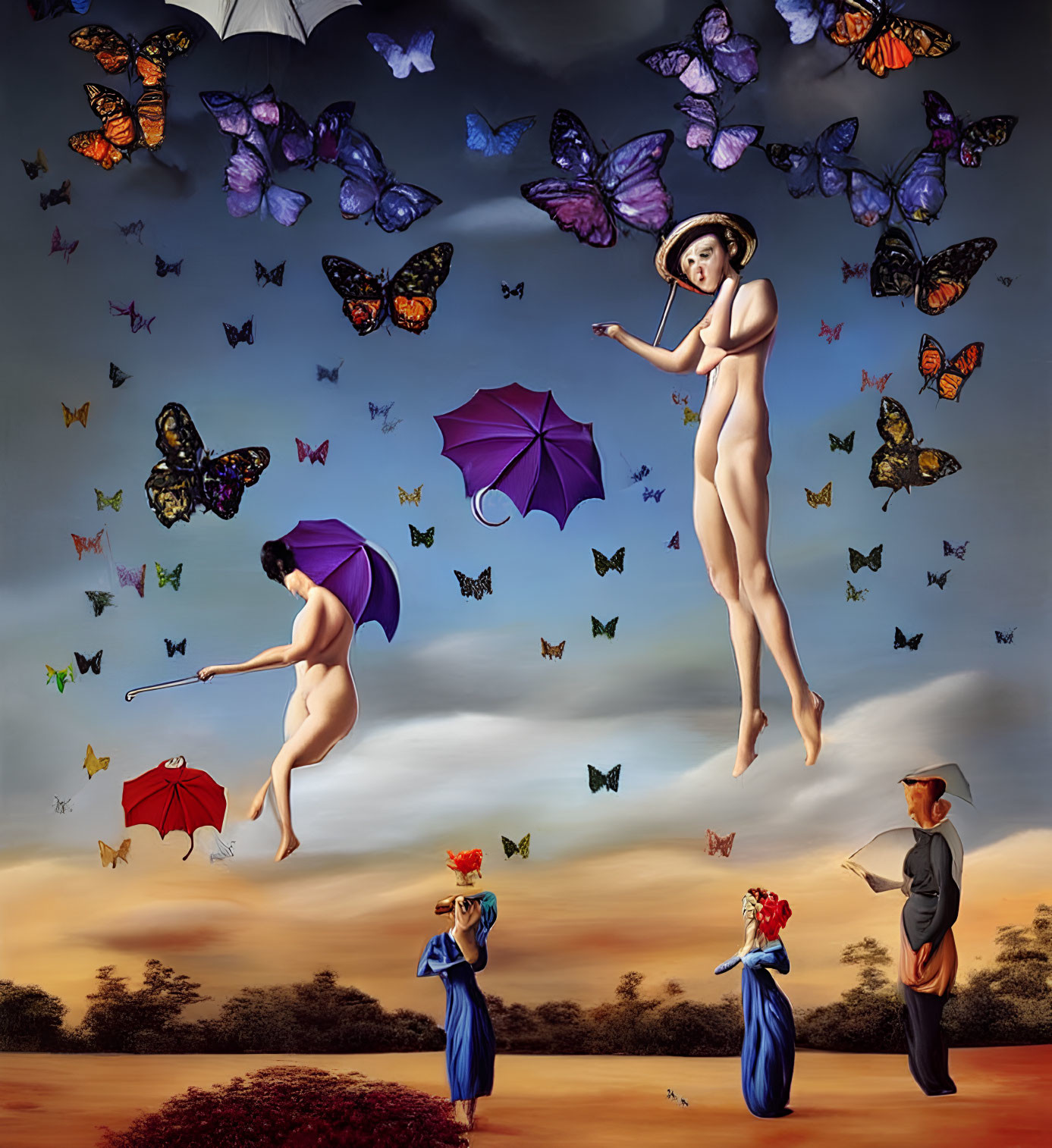 Surreal painting with floating nude figures and flower-headed individuals
