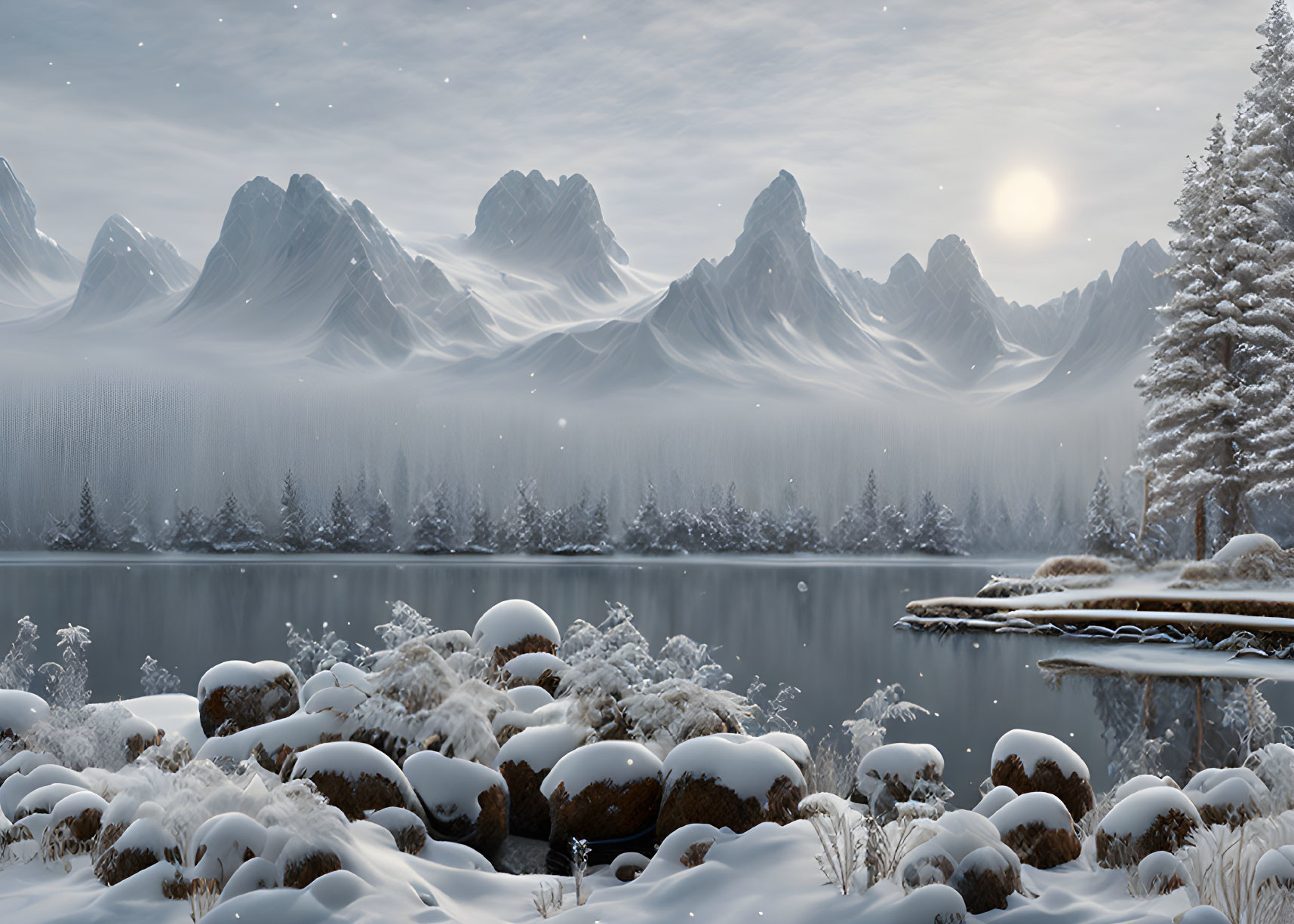 Snow-covered Winter Landscape with Calm Lake, Mountains, and Sun Peeking Through Mist