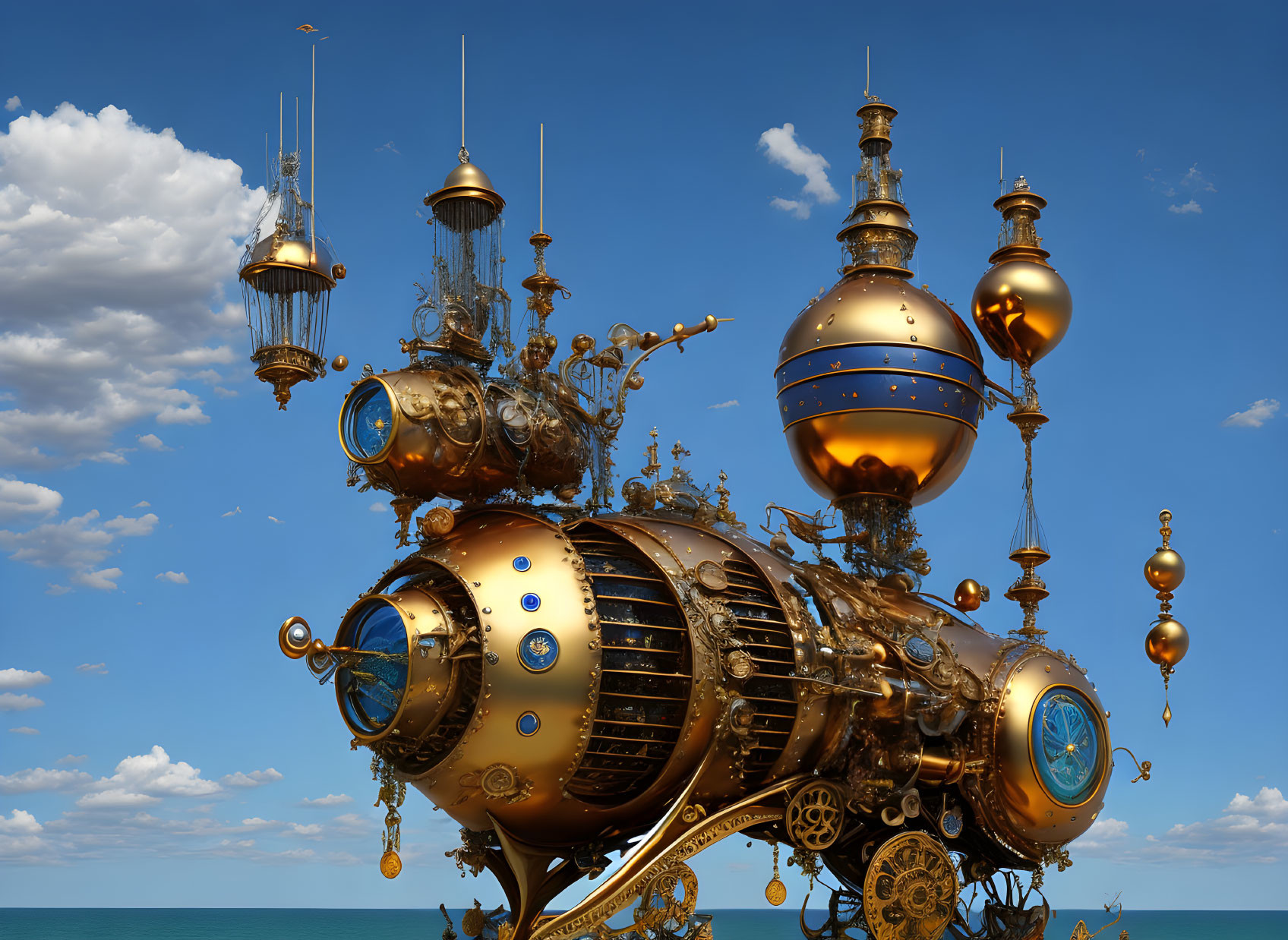 Steampunk airship with golden details over serene sea.