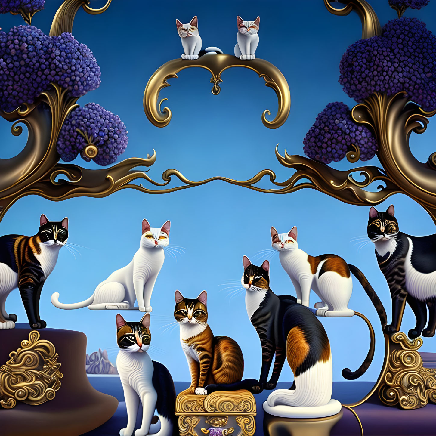 Illustration of elegant cats on golden vines and pedestals under twilight sky with purple grapes