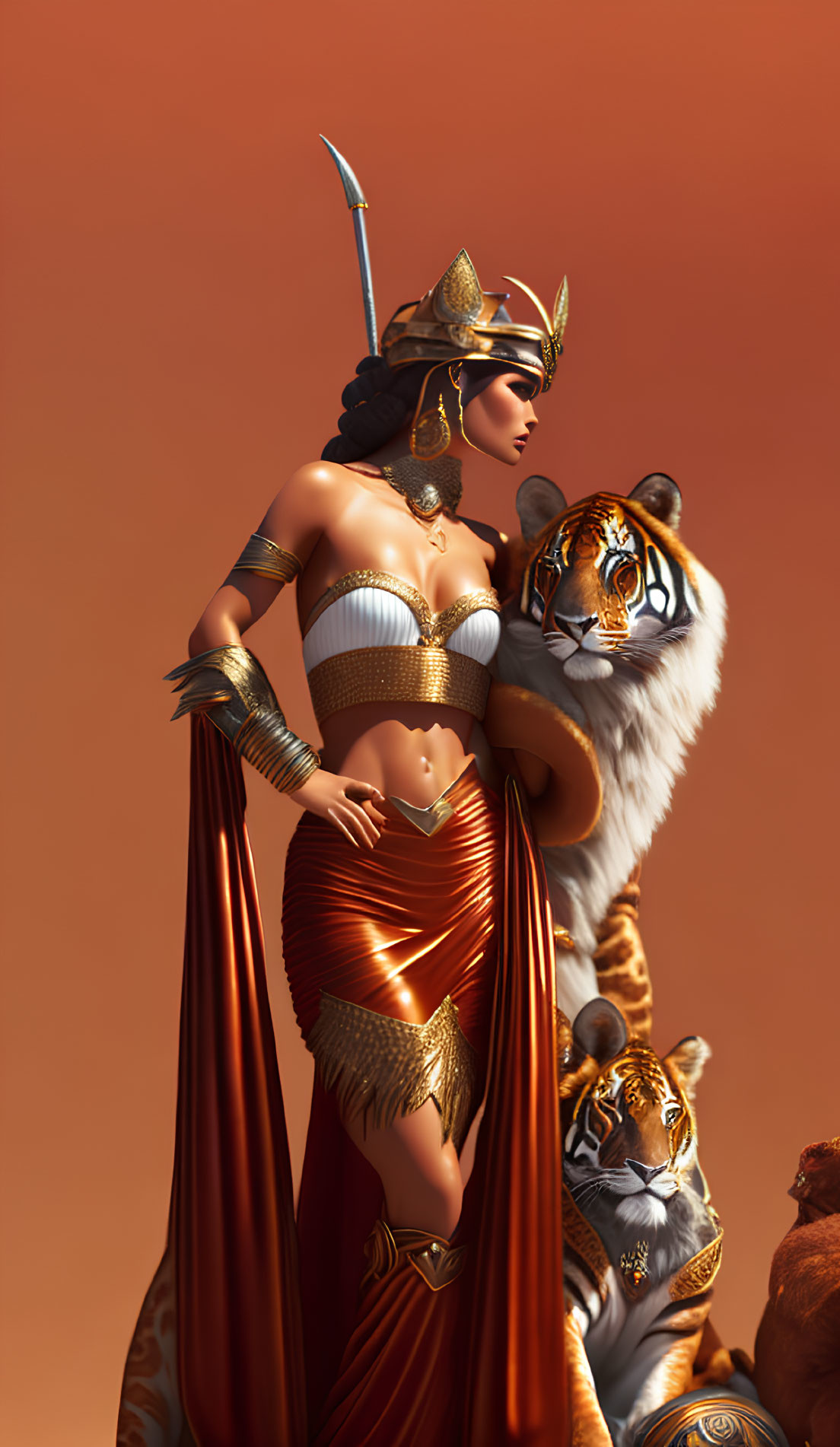 Regal woman in golden armor with Egyptian headdress beside majestic tiger