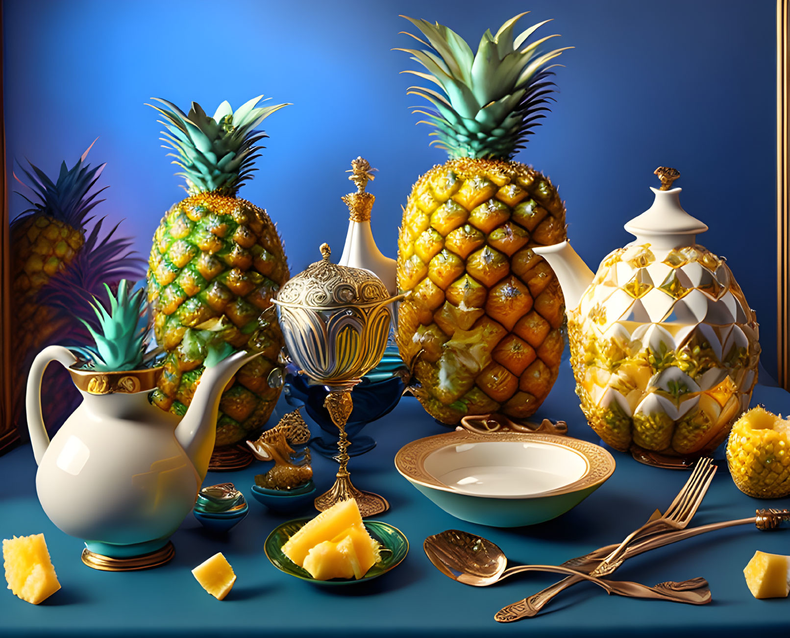 Luxurious Still Life: Pineapples, Golden Tableware, Porcelain, Blue Background