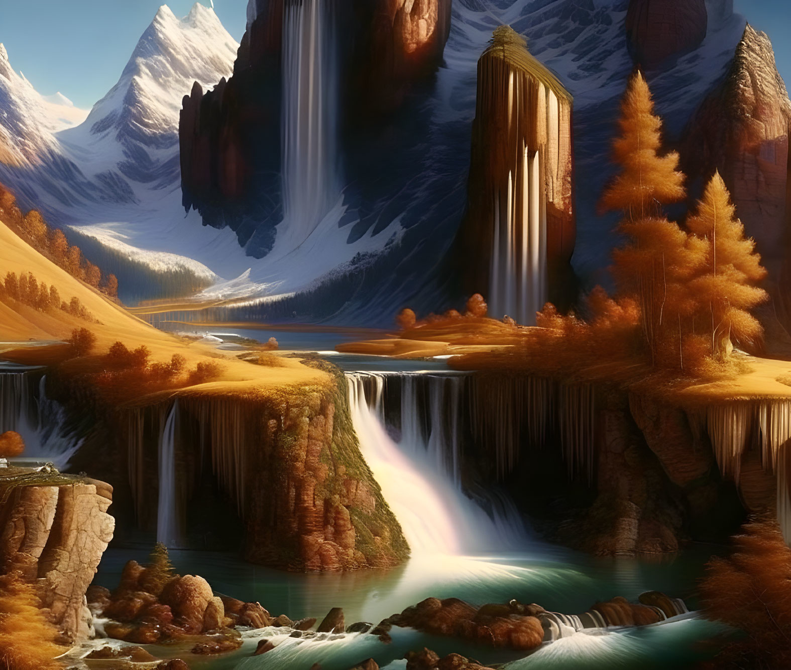 Tranquil landscape with cascading waterfalls and autumn scenery