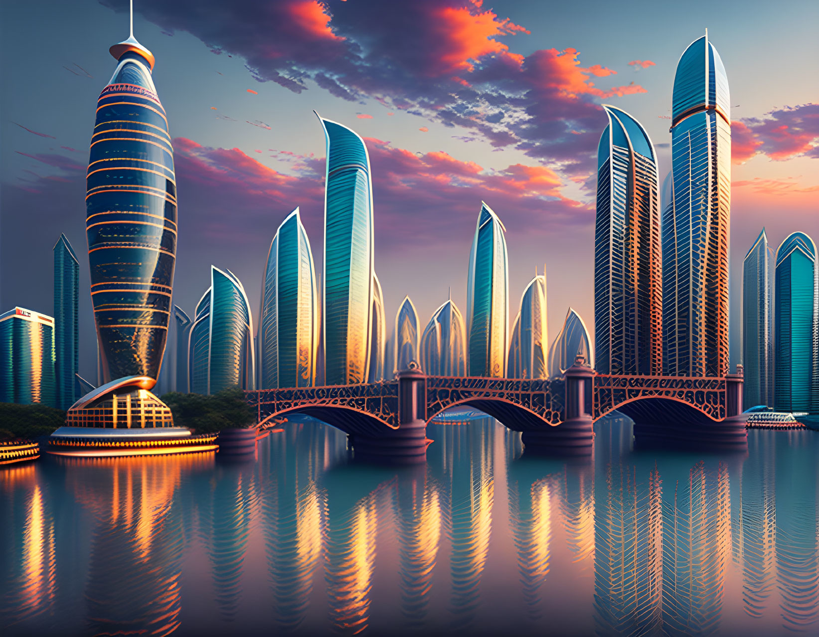 Futuristic city skyline with sleek skyscrapers, reflective water, bridge, vibrant sunset sky