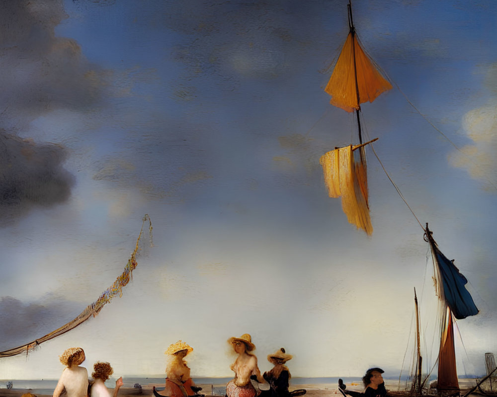 Scenic painting of people in hats by beached boats under dramatic sky