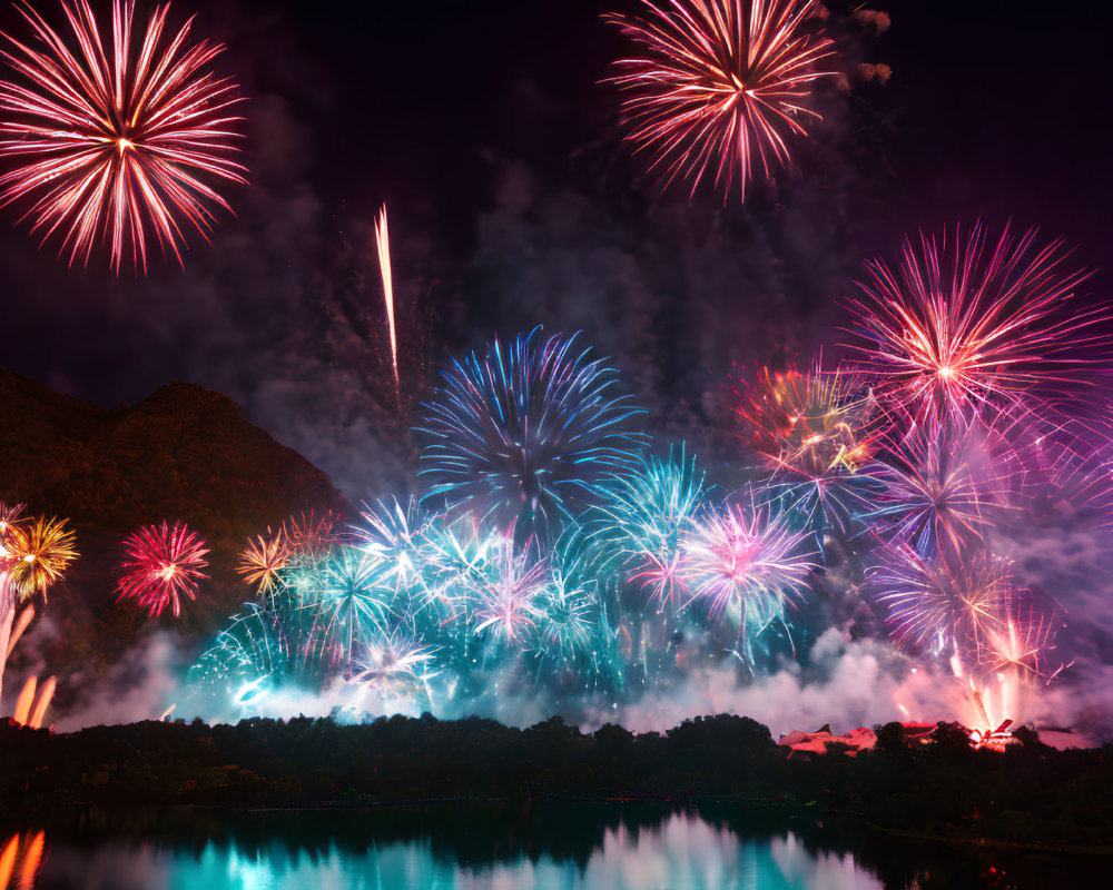 Colorful fireworks illuminate lake with tree silhouettes and mountains at night