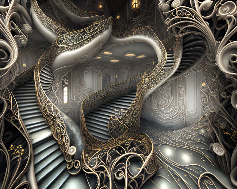 Detailed surreal digital artwork: Escher-like staircase, ornate patterns, swirling structures, monochromatic