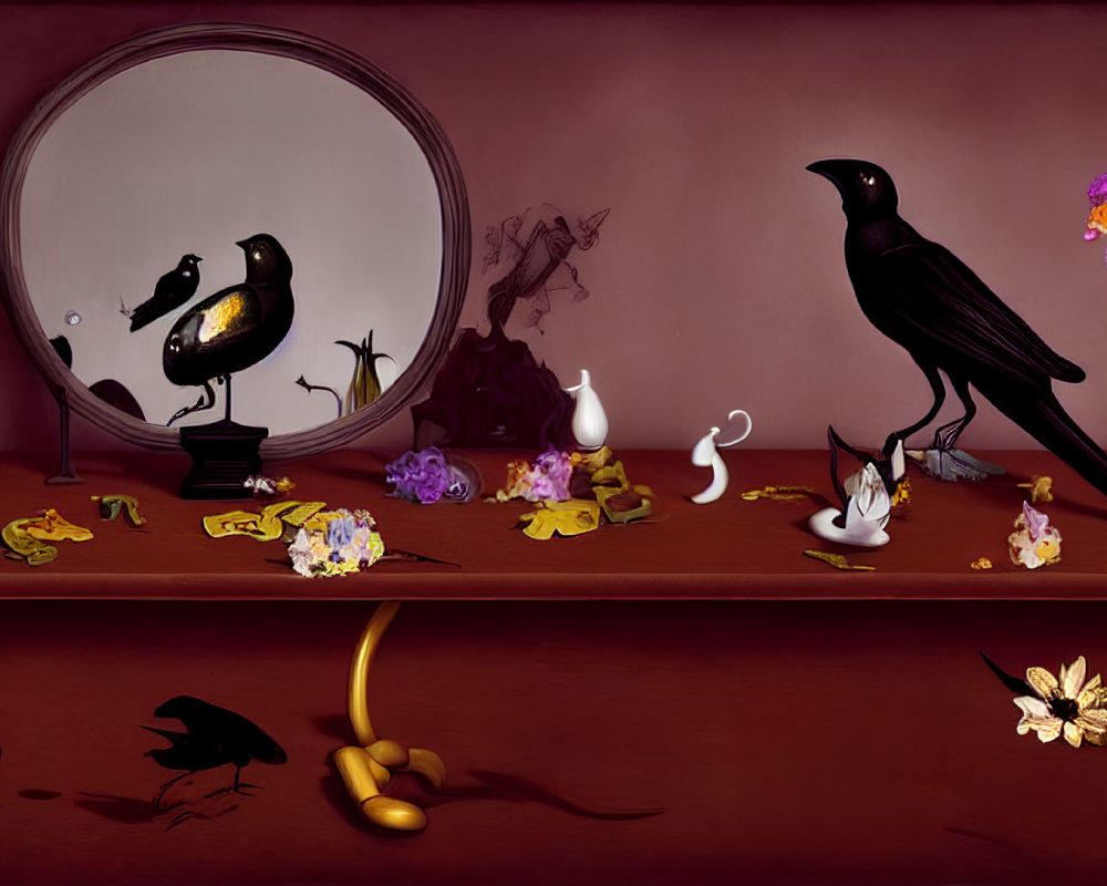 Surreal shelf with raven, flowers, candies, broken egg, bird, and cat