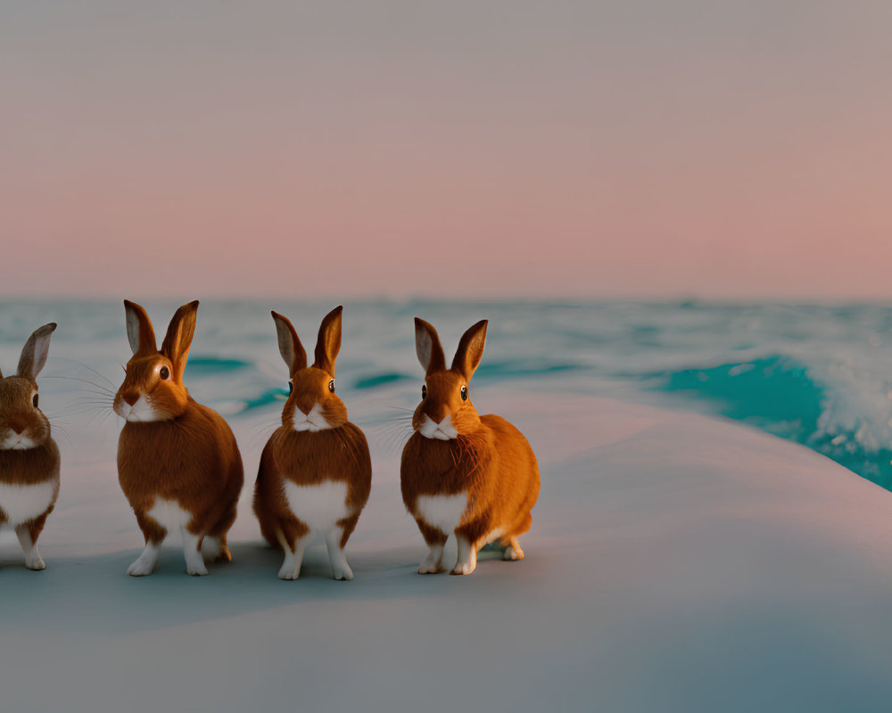 Four rabbits on sandy surface with ocean background at sunrise or sunset