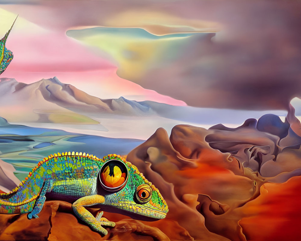 Colorful Chameleon on Branch with Surreal Sunset Landscape