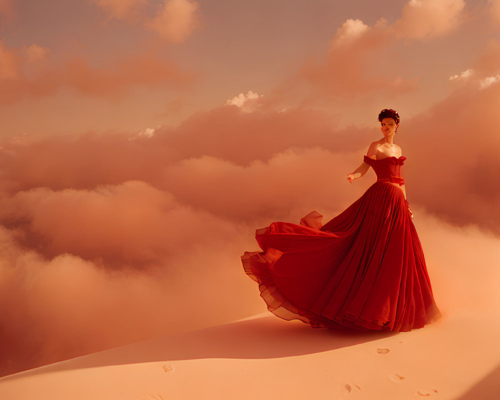 Woman in red gown on sand dune under dramatic sky