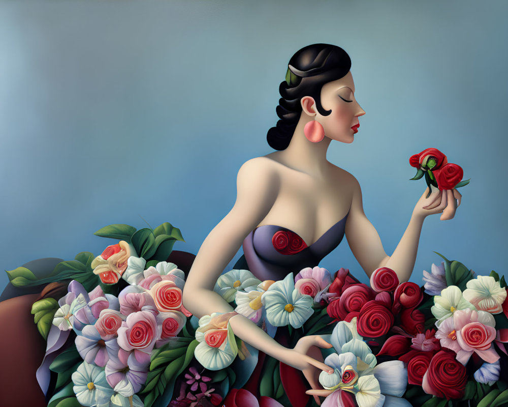 Classic hairstyle woman admiring red rose in lush flower arrangement