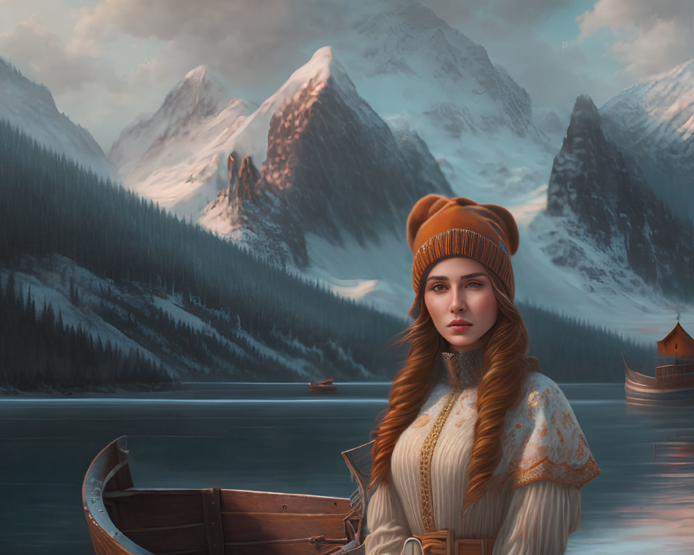 Woman in warm hat on boat with snow-capped mountains & misty lake