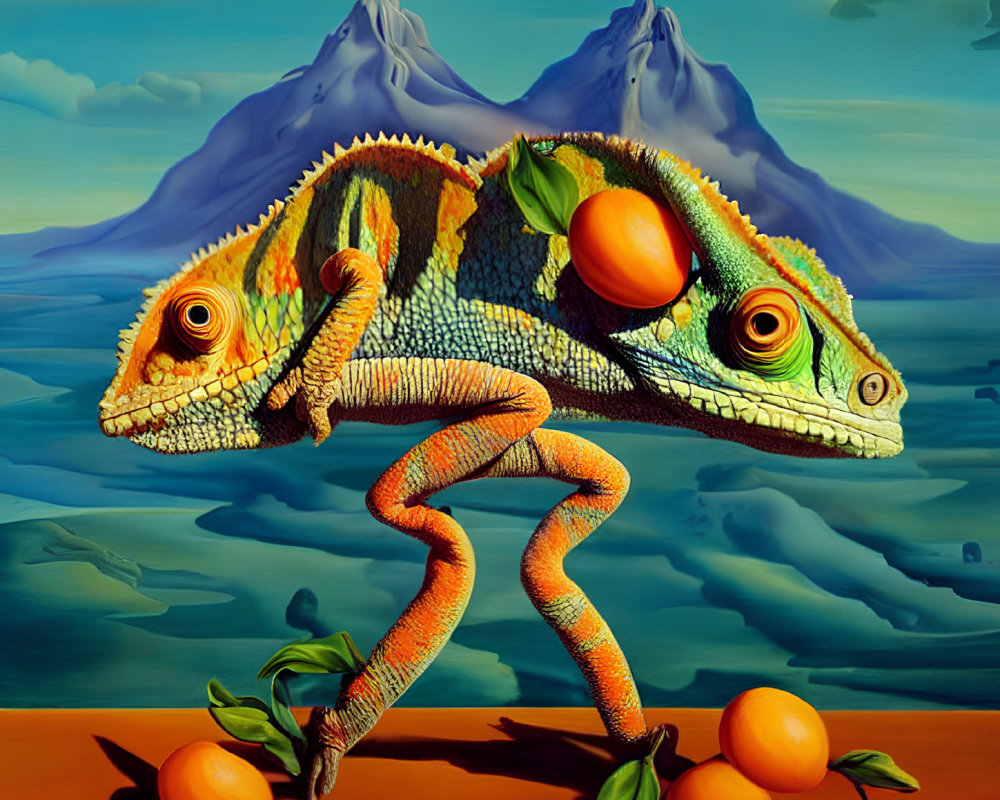 Surrealist painting: Chameleon with human-like legs among oranges, mountains, and sea