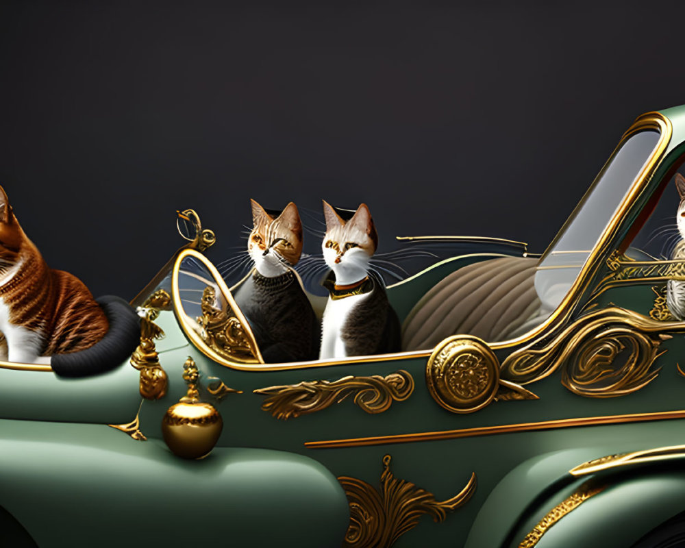 Three cats in vintage green car with gold accents on dark background