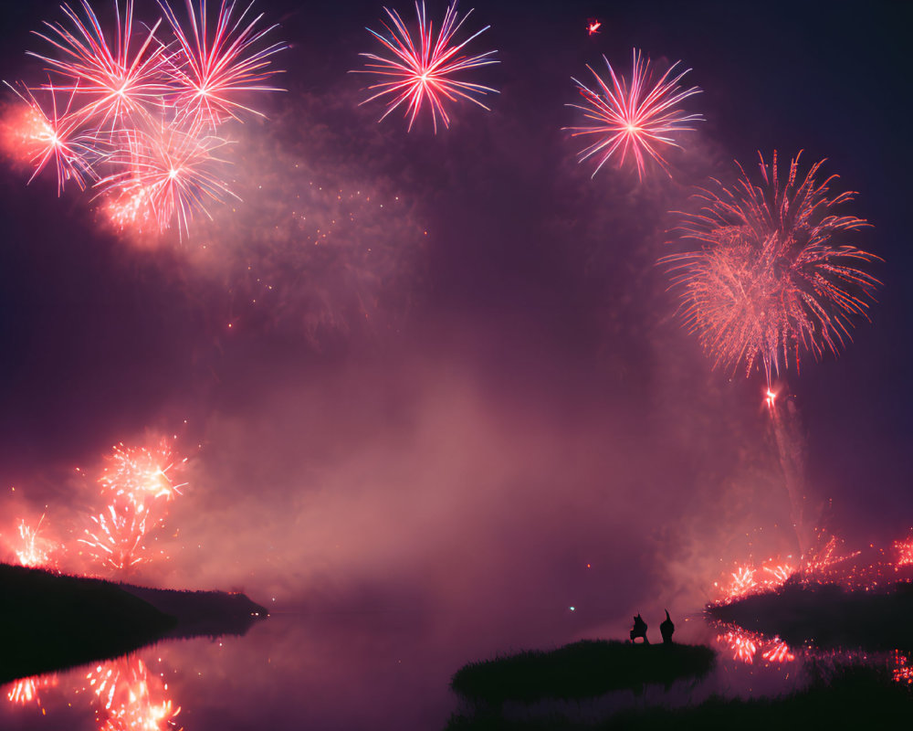 Silhouette of two people watching fireworks over lake