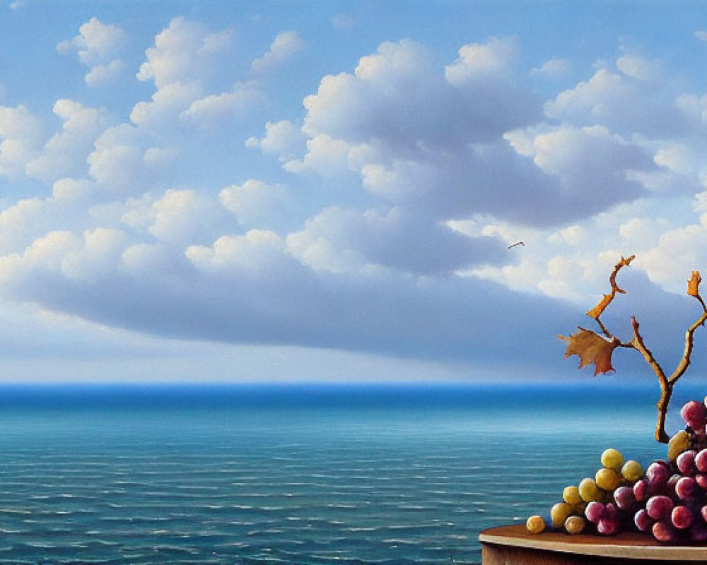 Tranquil Seascape with Fluffy Clouds and Bountiful Grapes