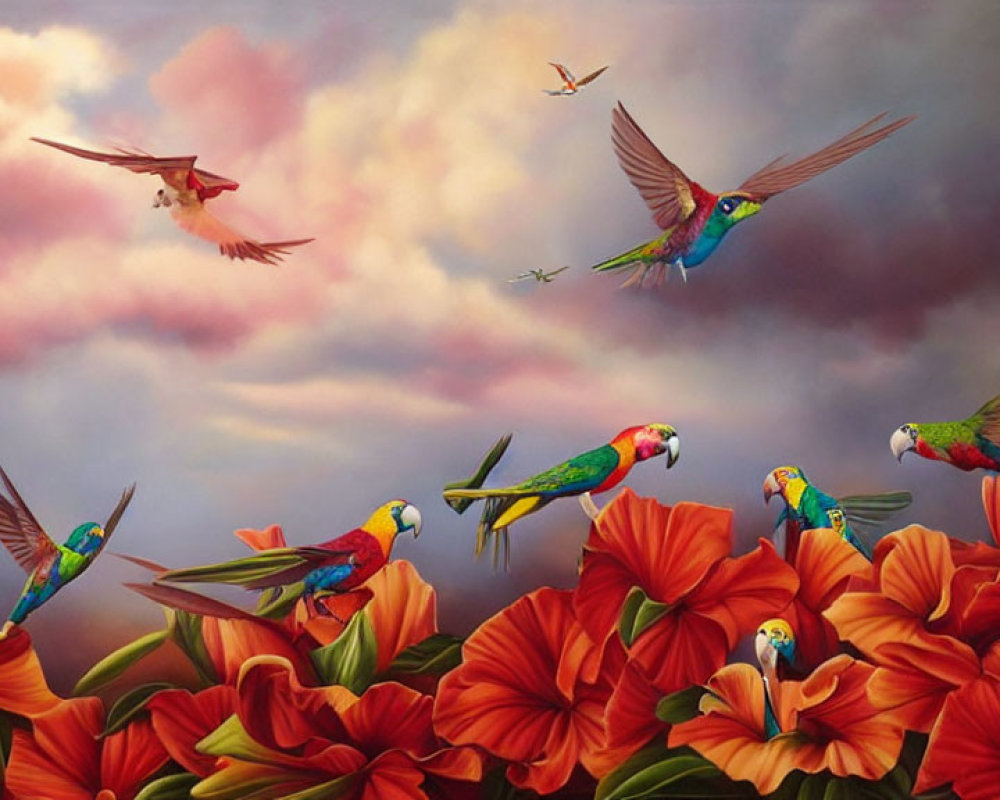 Vibrant Parrots on Orange Flowers Under Cloudy Sky