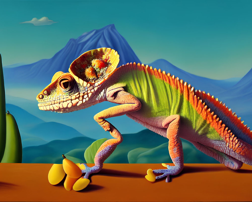 Vibrant digital artwork: Chameleon among fruits, desert hills, cactus.