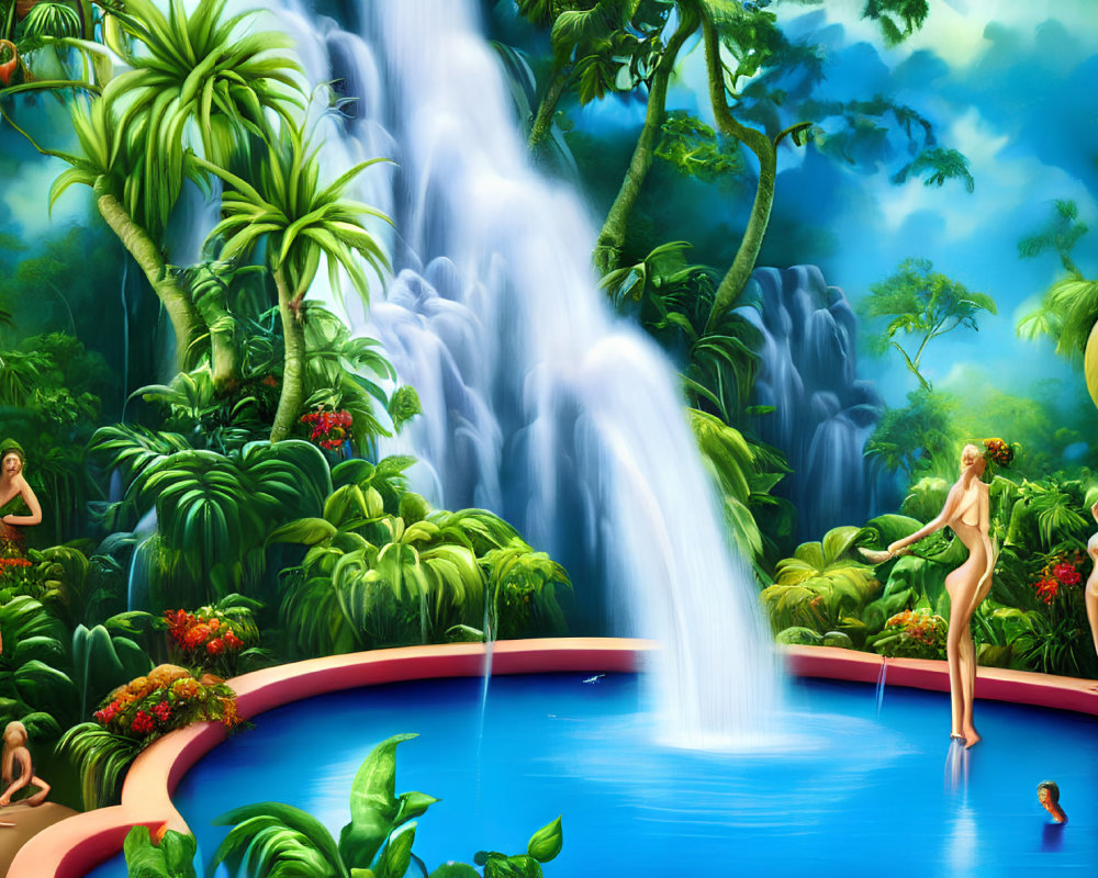 Colorful jungle scene with waterfall, exotic plants, and human-like characters interacting harmoniously