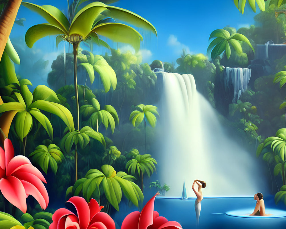 Tropical paradise with waterfall, lush greenery, pink flowers, and people in serene blue pool