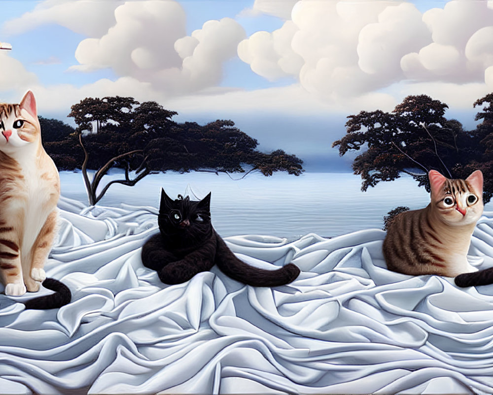 Three cats on draped fabric with trees, clouds, pomegranate, bird, and flamingo