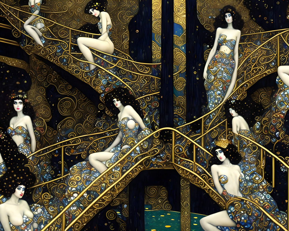 Multiple pale-skinned women with dark hair posed on ornate golden staircase under starry night sky.