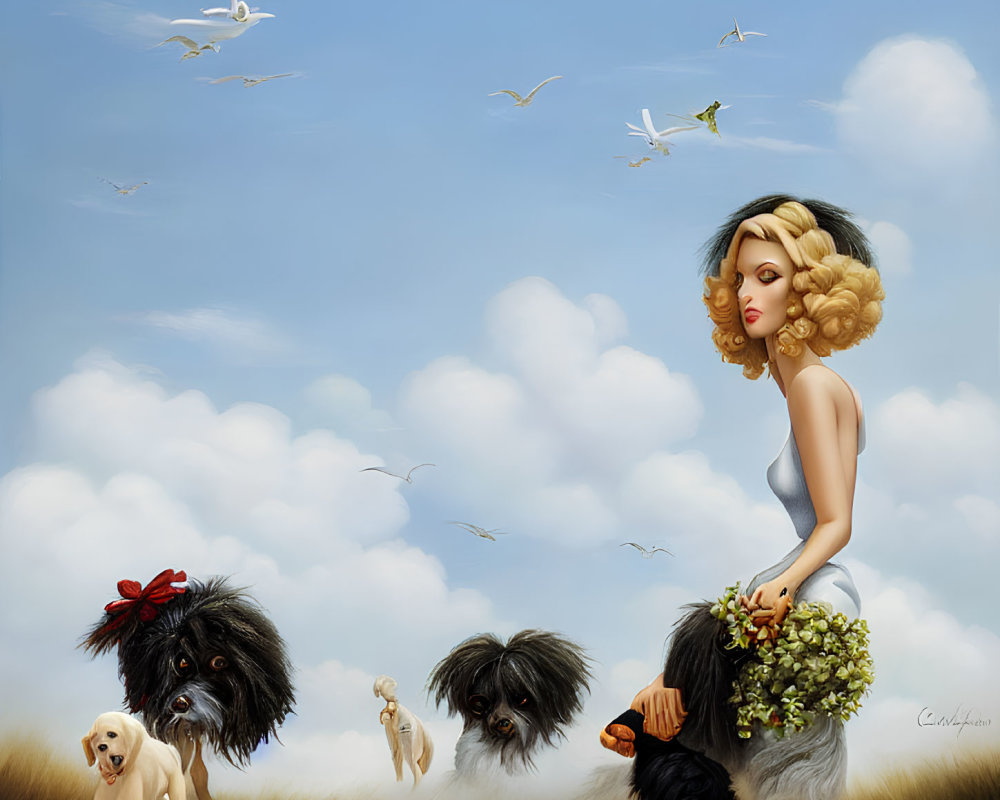 Illustration of Woman with Bouquet, Dogs, and Birds in Cloudy Sky