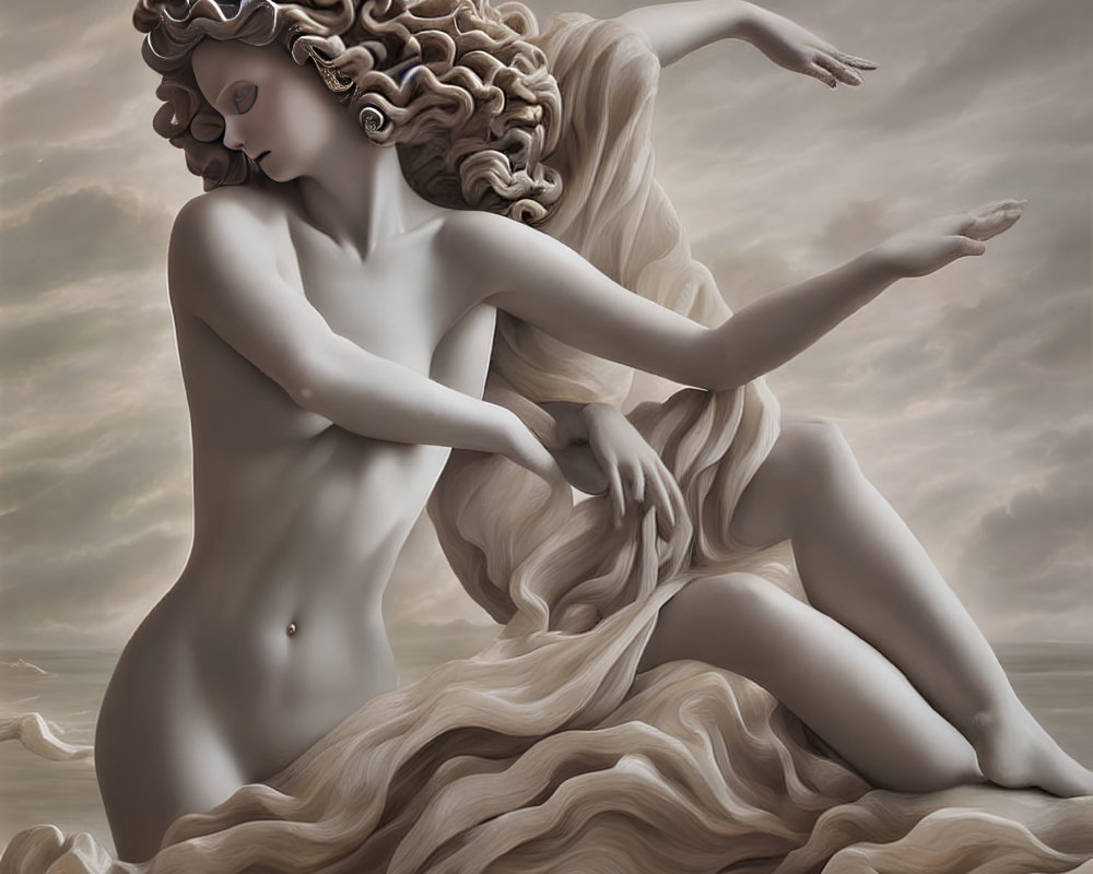 Classical female figure with curly hair and flowing drape against cloudy backdrop