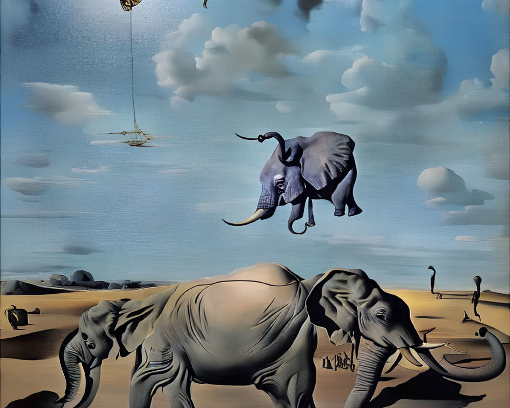 Surreal painting of floating and grounded elephants under cloudy sky