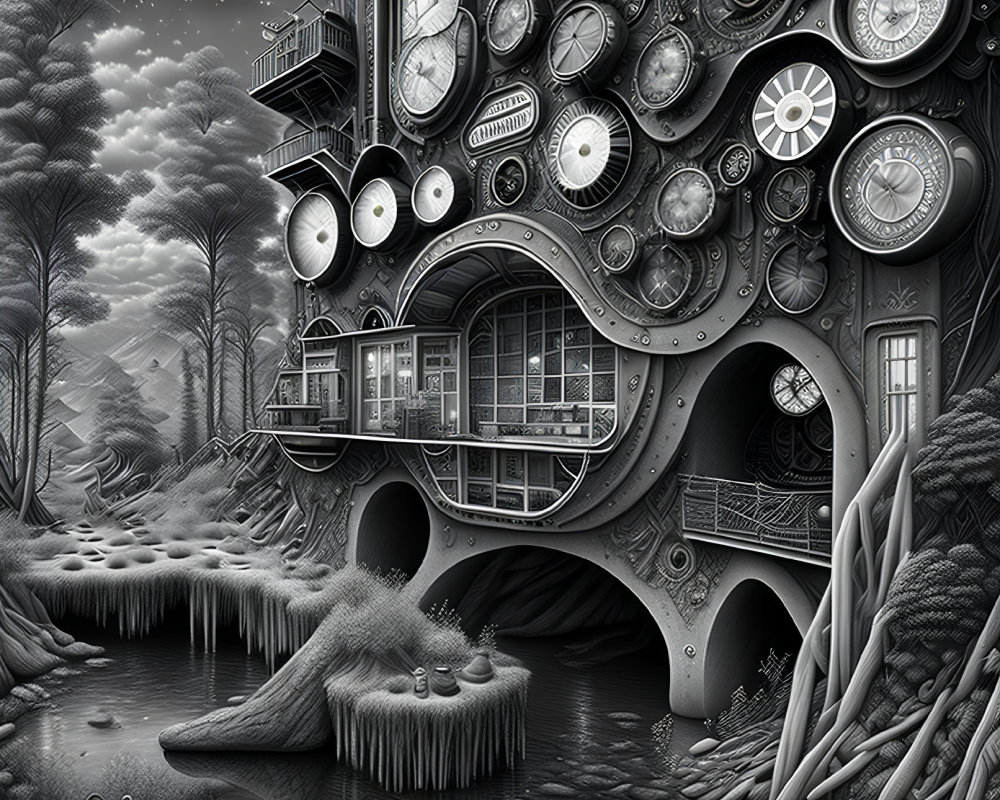 Monochrome whimsical house illustration with circular windows, gears, clock faces, forest, and stream