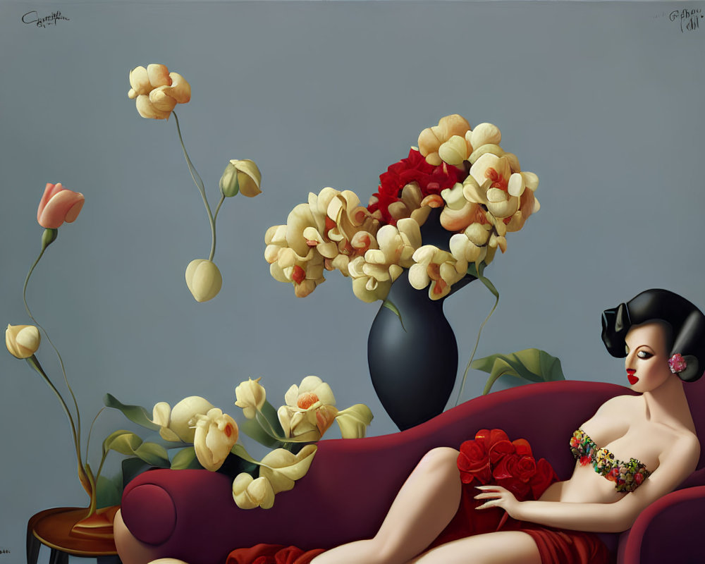 Surreal painting of woman on couch with oversized flowers