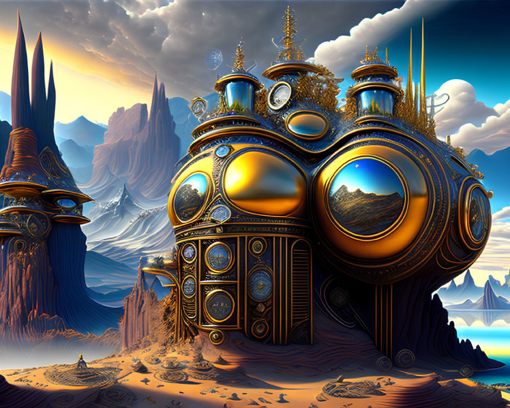 Fantastical steampunk landscape with golden structures and rocky spires under blue sky