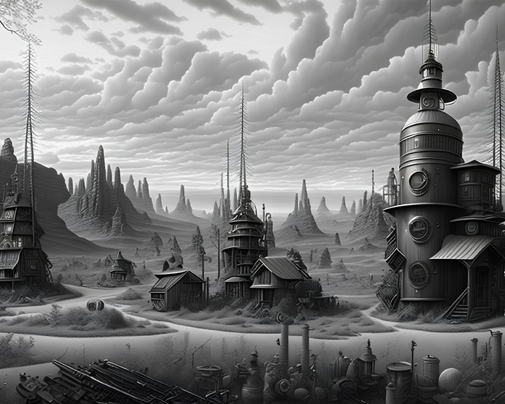 Monochromatic steampunk landscape with industrial towers and Victorian-style buildings