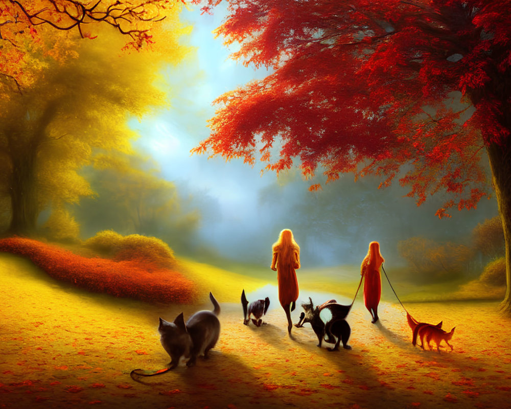 Autumn forest path with two people and cats under soft light