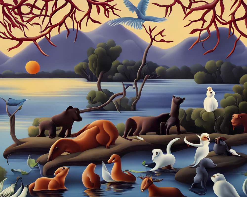 Stylized painting of animals by lake at sunset