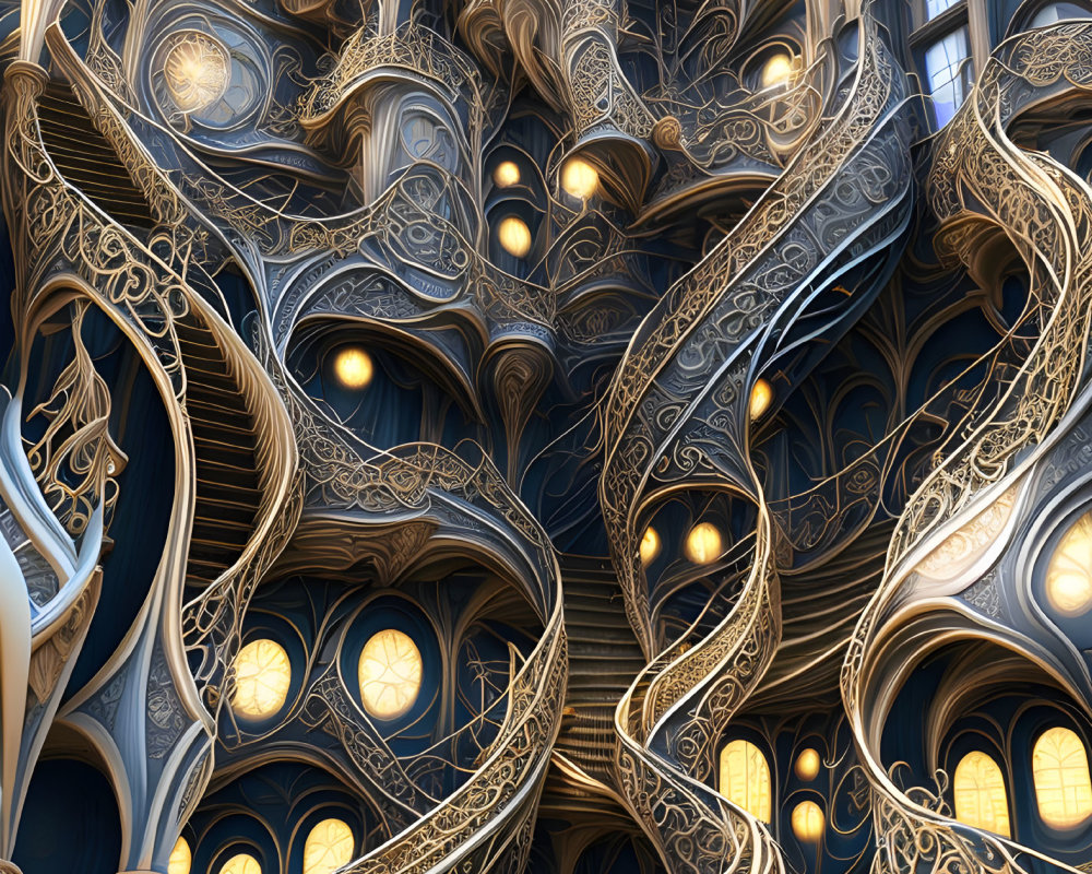 Surreal fractal image: Golden labyrinth on blue background