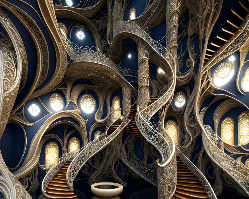 Surreal 3D digital artwork: illuminated staircases and arches on dark blue background