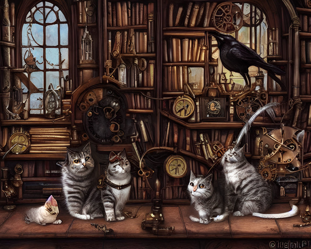 Detailed illustration of grey-striped cats and crow in vintage library with steampunk elements