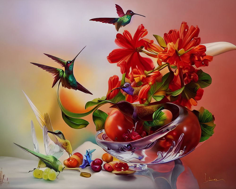 Colorful Still Life with Hummingbirds, Glass Bowl, Cherries, and Red Flowers