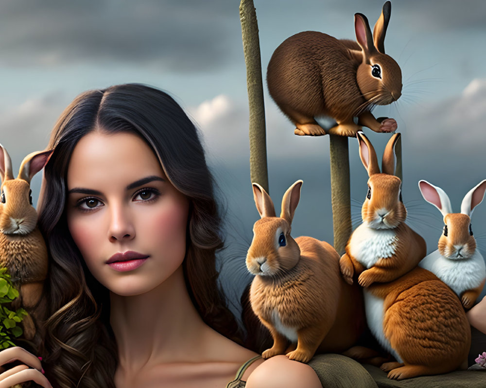 Digital artwork featuring woman with brown hair and rabbits in serene outdoor scene