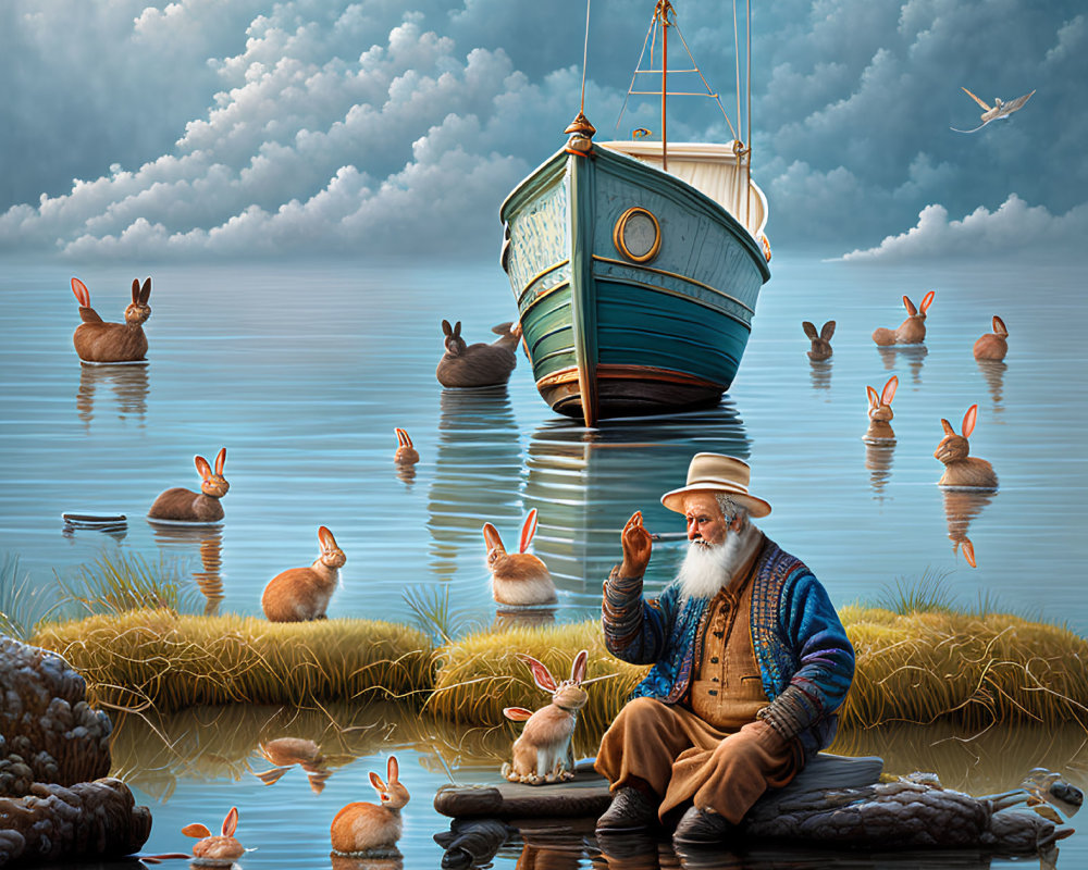 Elderly sailor with rabbits on shore near boat and calm water surface