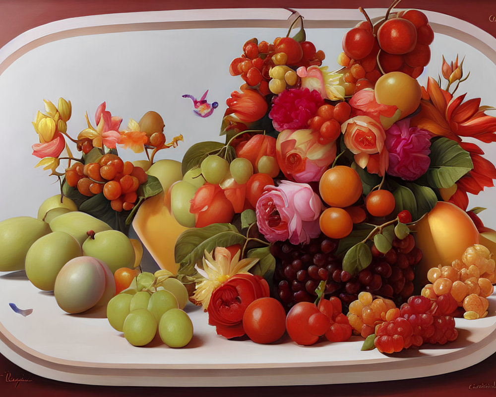 Colorful fruits and flowers still life with butterfly in vibrant painting