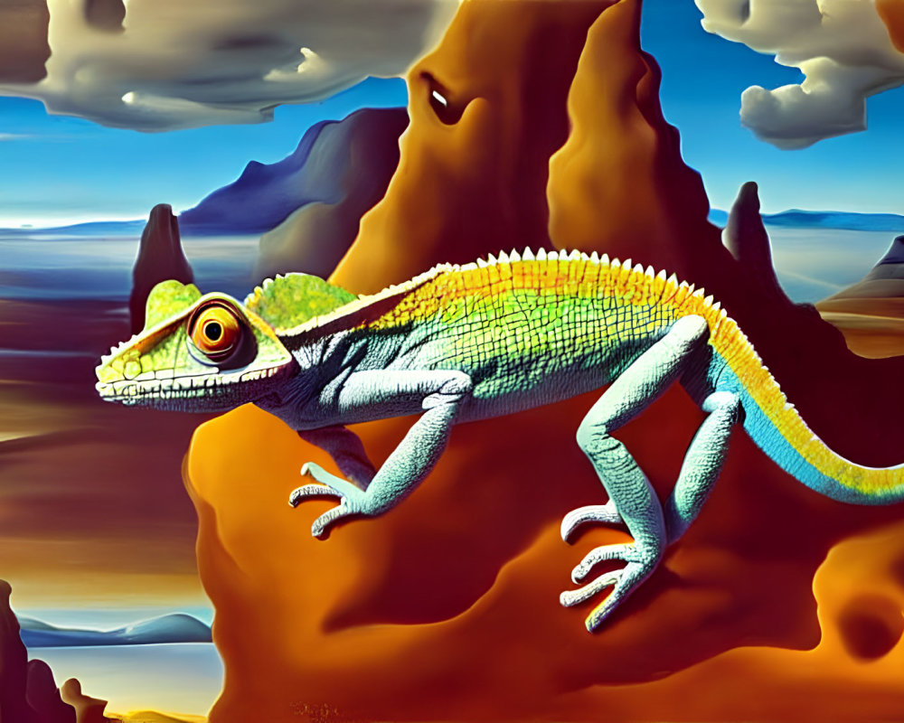 Colorful Chameleon on Surreal Desert Landscape with Sandstone Formations