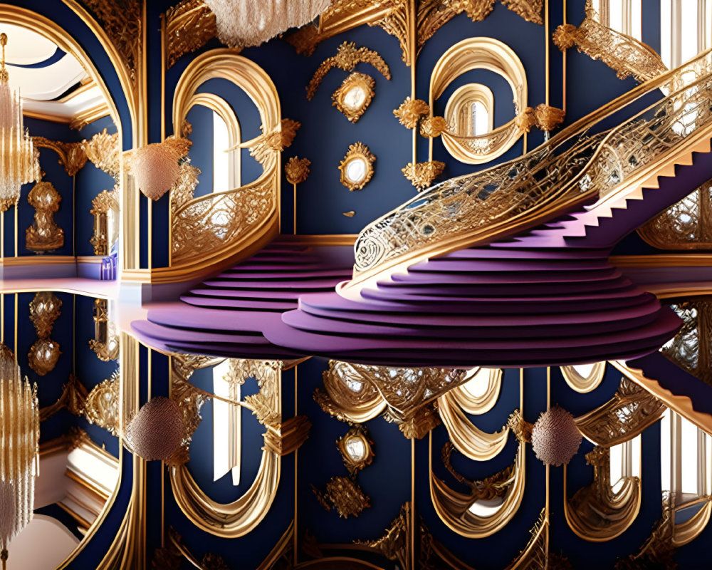 Opulent room with grand purple staircase and ornate golden details