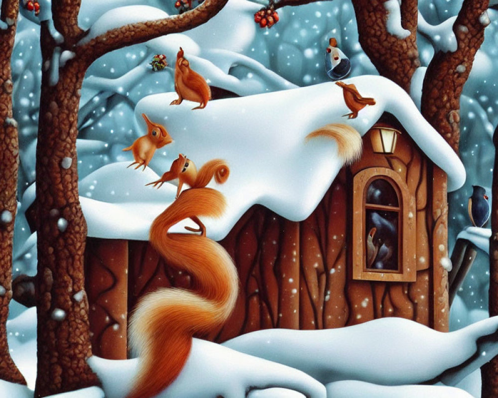 Winter scene with squirrels, birds, and snow-covered house among trees