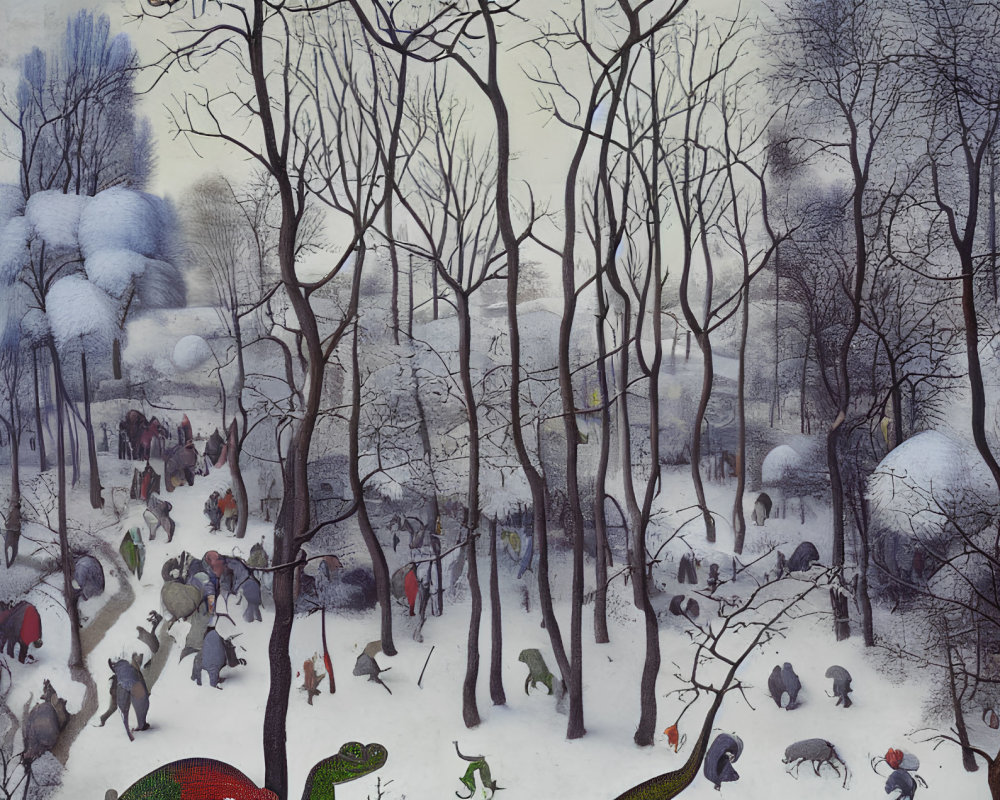 Winter Wonderland with Figures and Animals in Snowy Forest