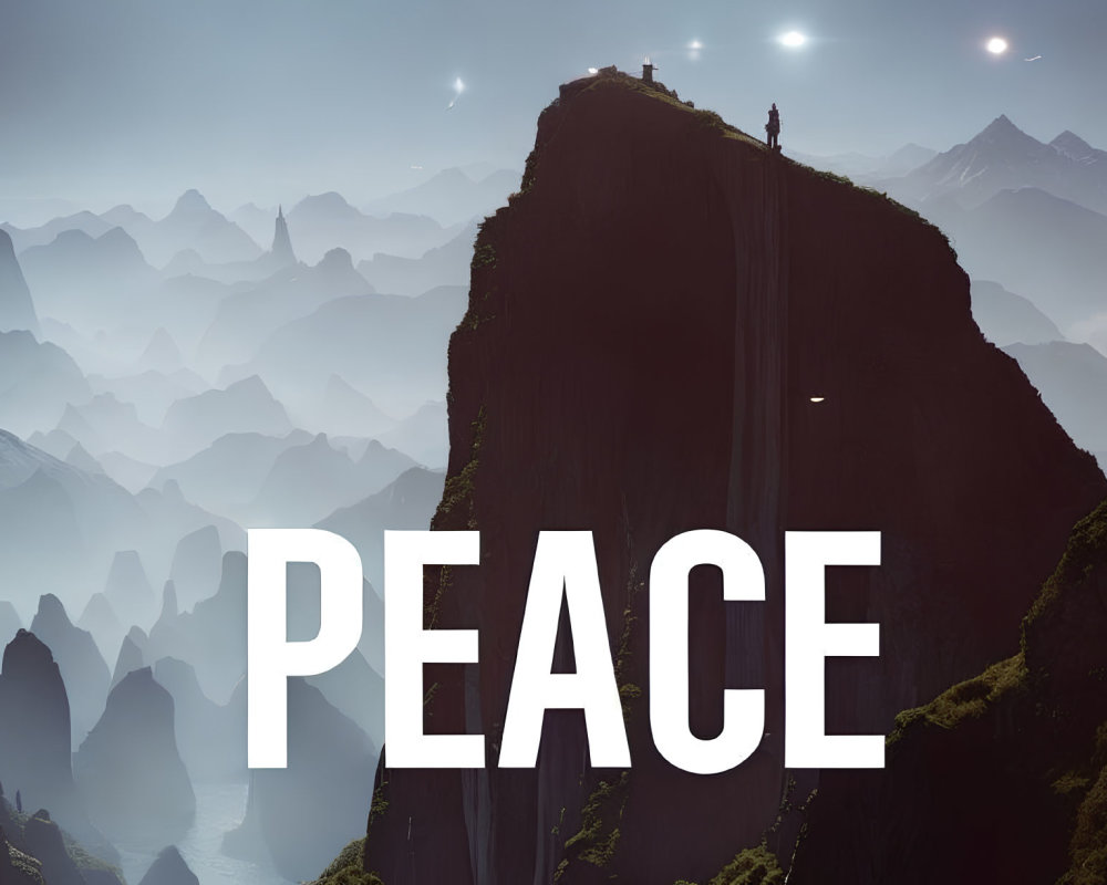 Person on Cliff Overlooking Mountain Peaks with "PEACE" Overlay