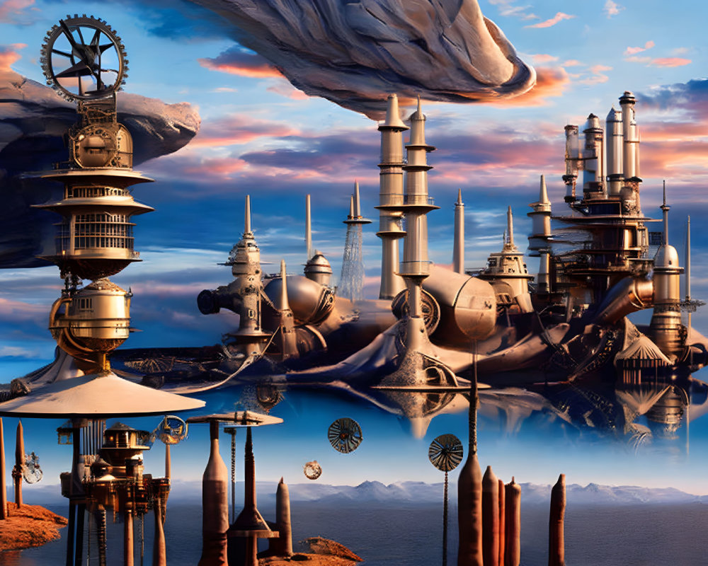 Steampunk cityscape with ornate towers and floating islands at sunset