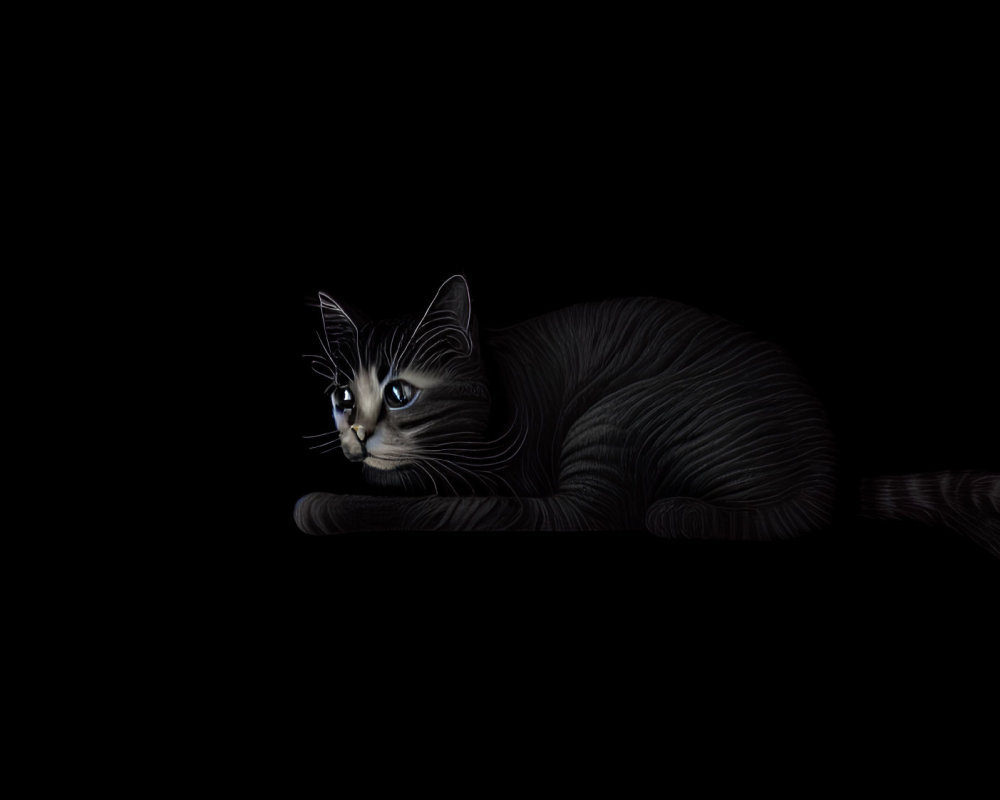 Striking Black Cat with White Whiskers and Blue Eyes on Black Background